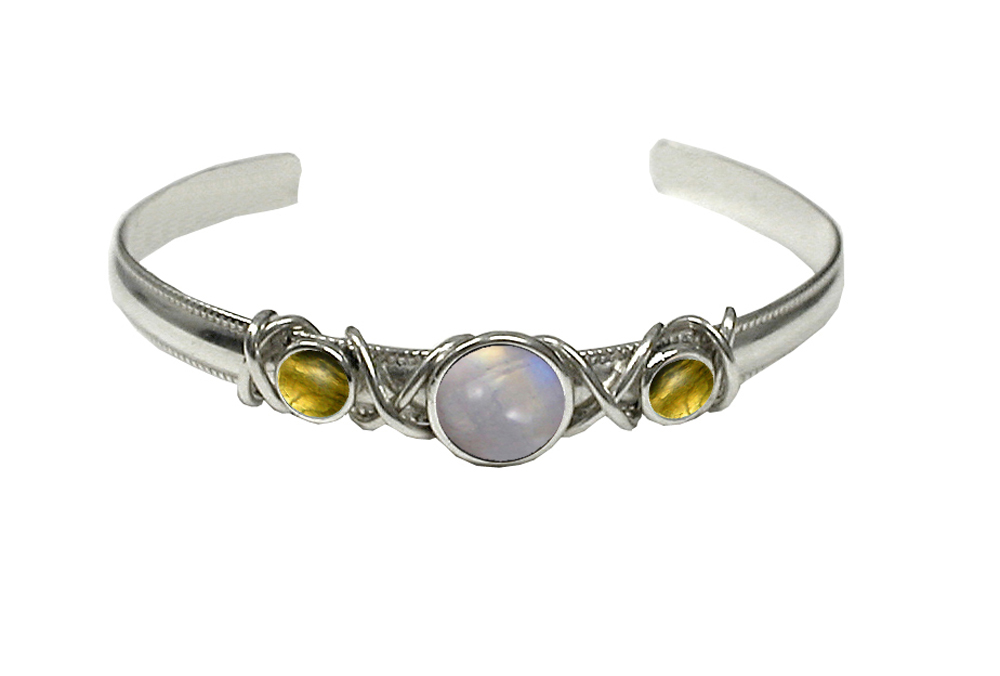 Sterling Silver Hand Made Cuff Bracelet With Rainbow Moonstone And Citrine